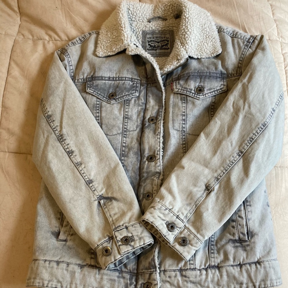 Levi’s gray wash faux fur lined jean jacket